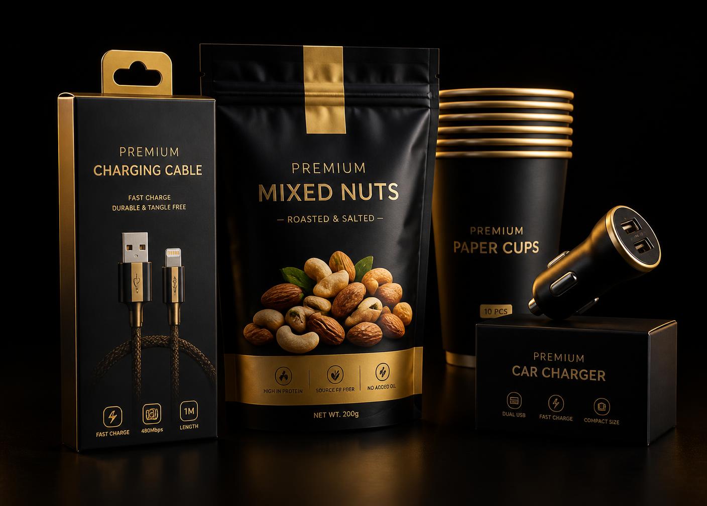Golden Lion private label products in black and gold packaging