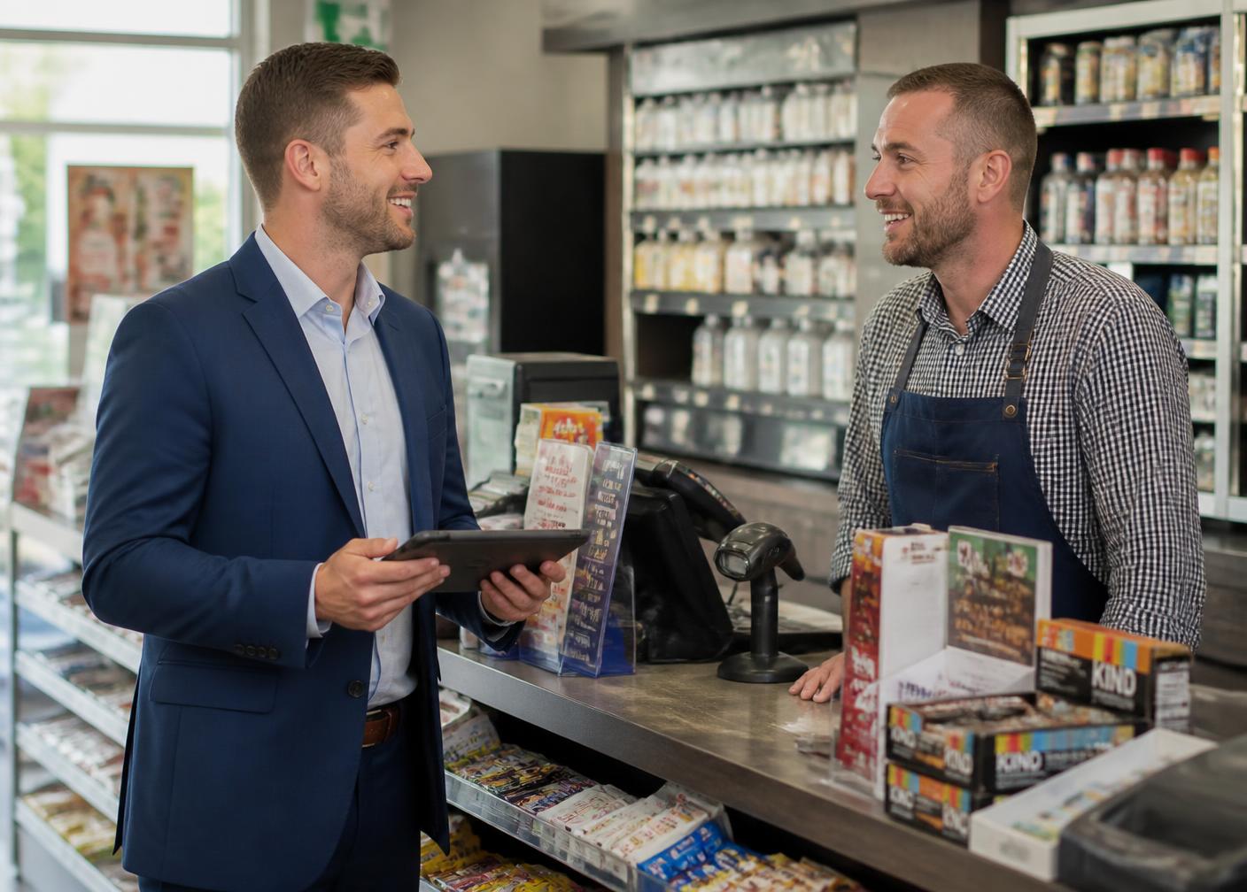Nizara sales representative reviewing an order with a store owner