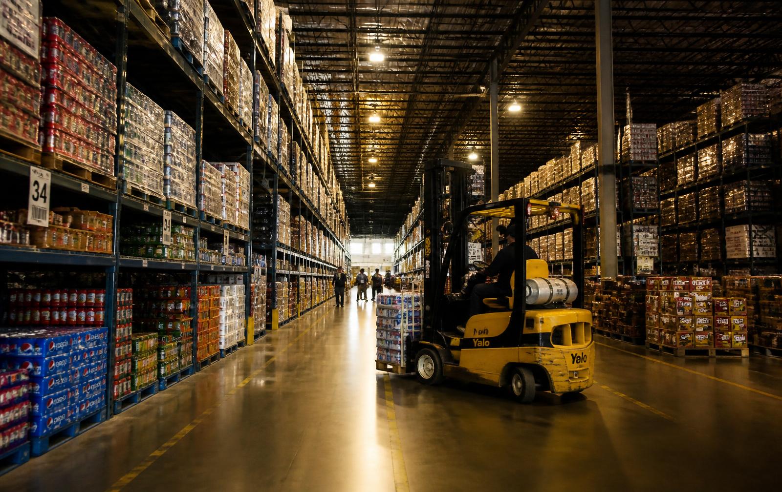 Interior of the Nizara Distribution warehouse with racked inventory